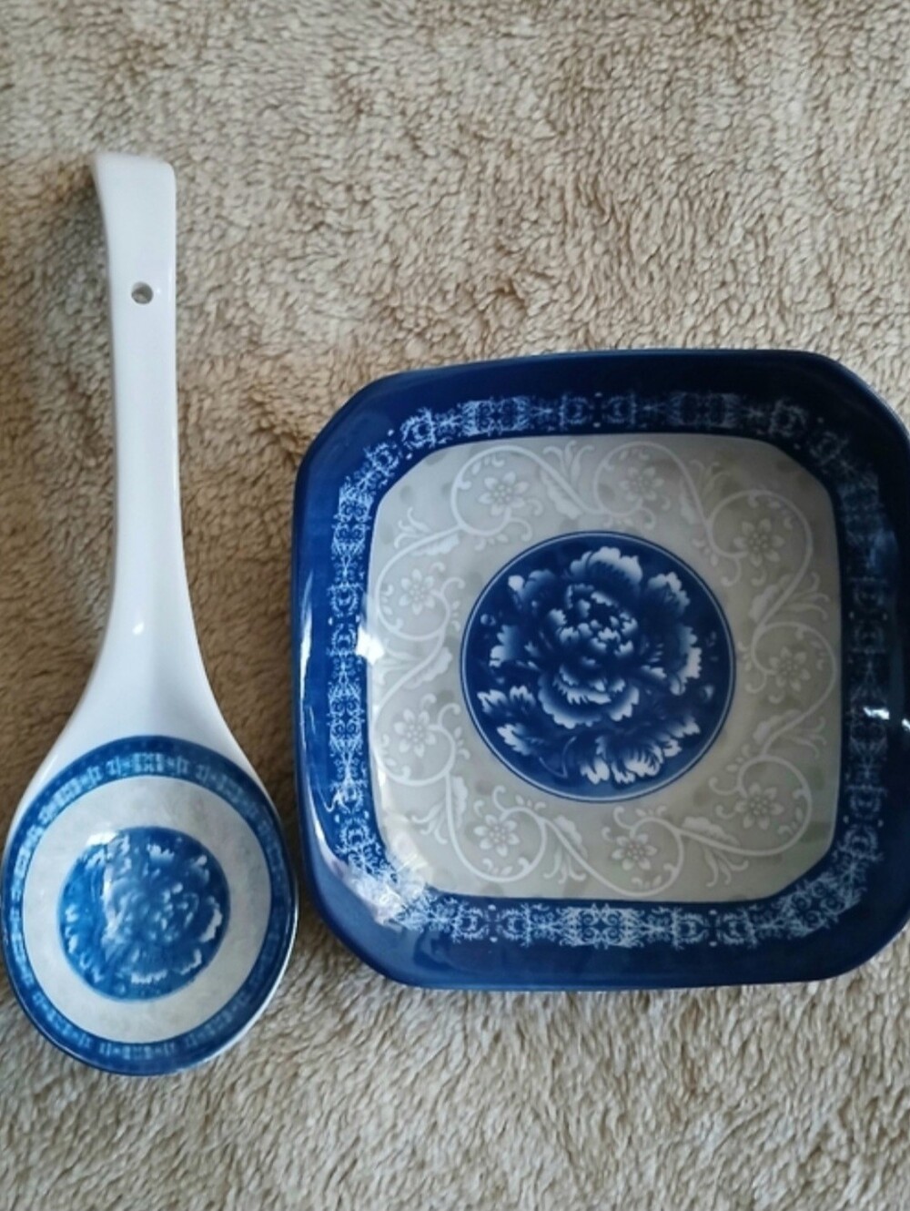 Blue Floral Ceramic Serving Bowl and Spoon Set, Barely Used.